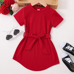 Girls Princess Dress Bow Knot Short Sleeves Crew Neck Kids Clothes