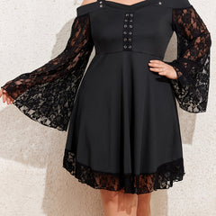 Plus Size Gothic Dress Women's Lace Cold Shoulder Bell Sleeve Lace Up
