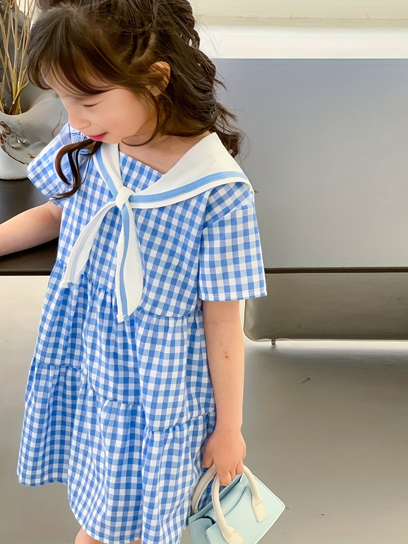 Girls Plaid Dress Short Sleeve Casual Cotton Kids Summer Clothing