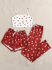 Heart Print Cami Top & Shorts & Pants 3 Piece Set