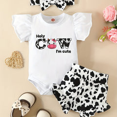 3pcs Baby Girls Cow Peach Print Ruffle Sleeve Shorts Headband Set Clothes