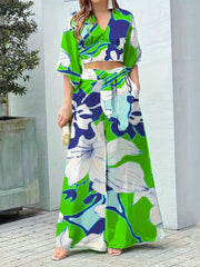 Floral Print Lace Up Suit High Waist Wide Leg Pants And Top Set