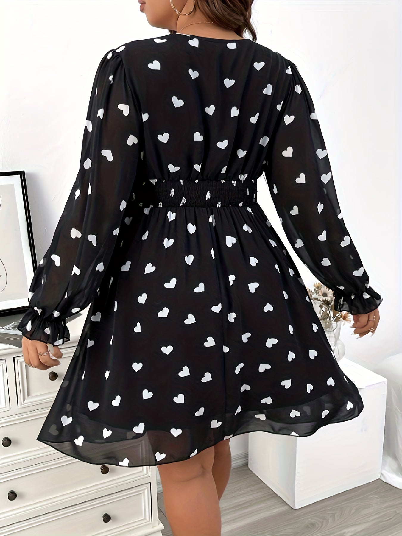 Heart Print Flounce Sleeve V Neck Mini Dress