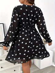 Heart Print Flounce Sleeve V Neck Mini Dress
