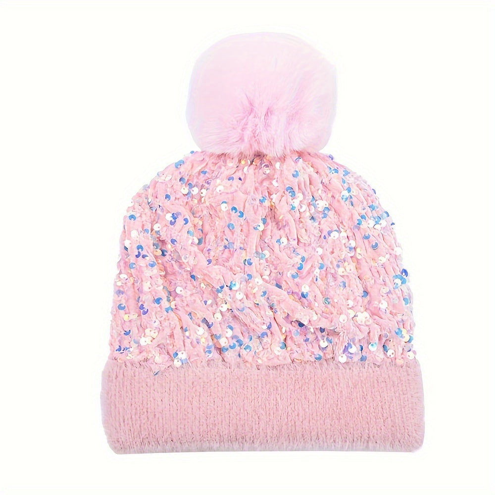 Sequin Knitted Hat Plush Fur Ball