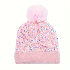 Sequin Knitted Hat Plush Fur Ball