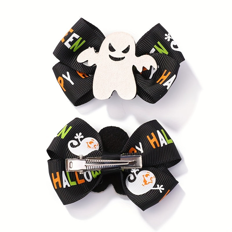 2pcs Halloween Pumpkin Ghost Cat Bow Hair Clips
