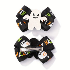 2pcs Halloween Pumpkin Ghost Cat Bow Hair Clips