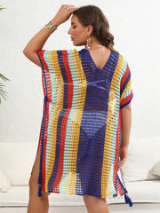 Striped Batwing Sleeve V Neck Fringe Beach Cover Up