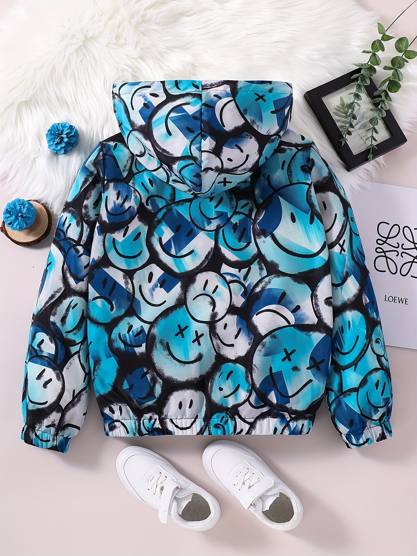 Boy's Happy Face Fleece Jacket Zip Hood Windproof Warm Top