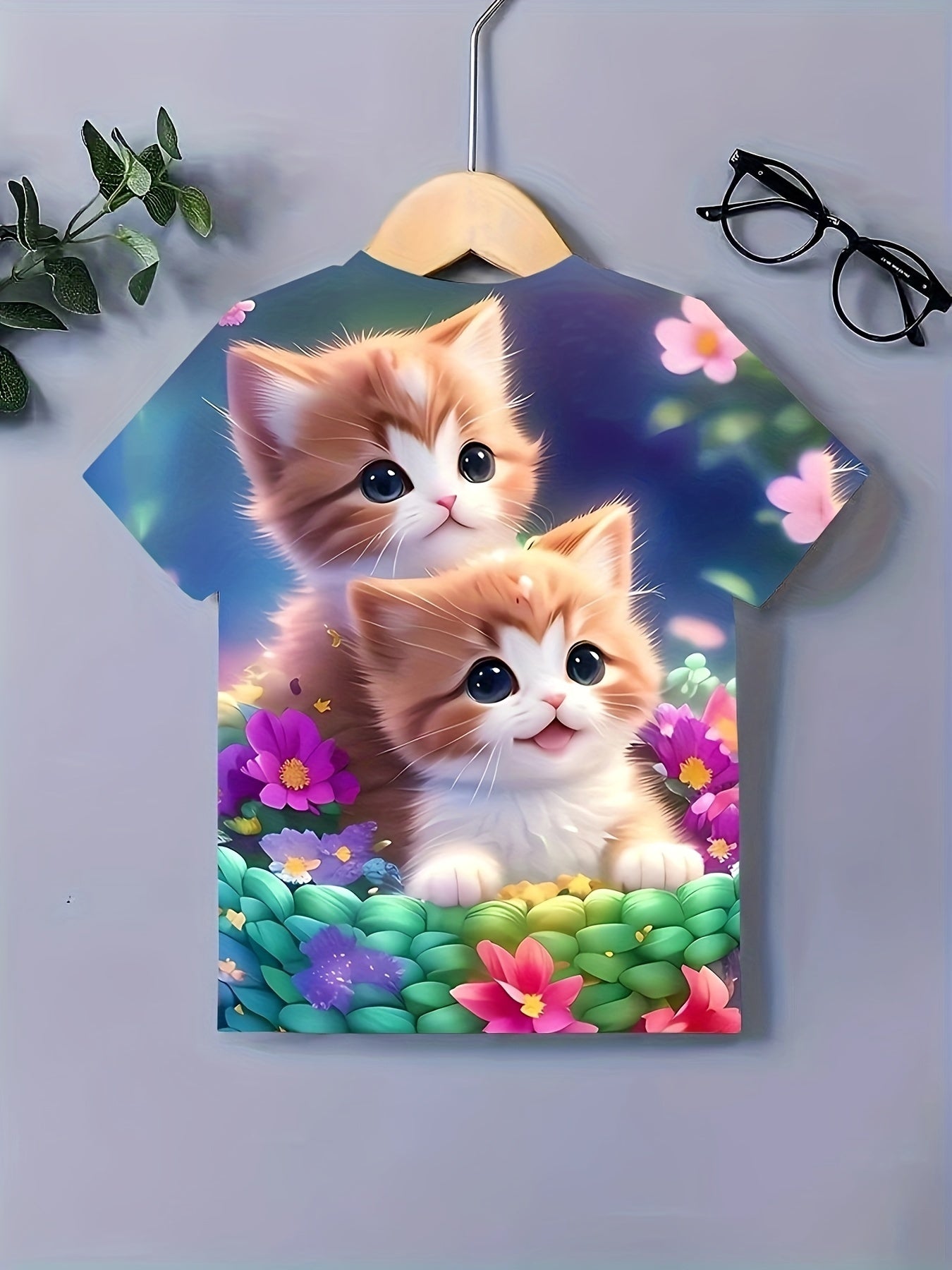 3D Kitty Graphic Crew Neck T shirt Girls Summer Casual Pullover Tops