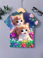 3D Kitty Graphic Crew Neck T shirt Girls Summer Casual Pullover Tops