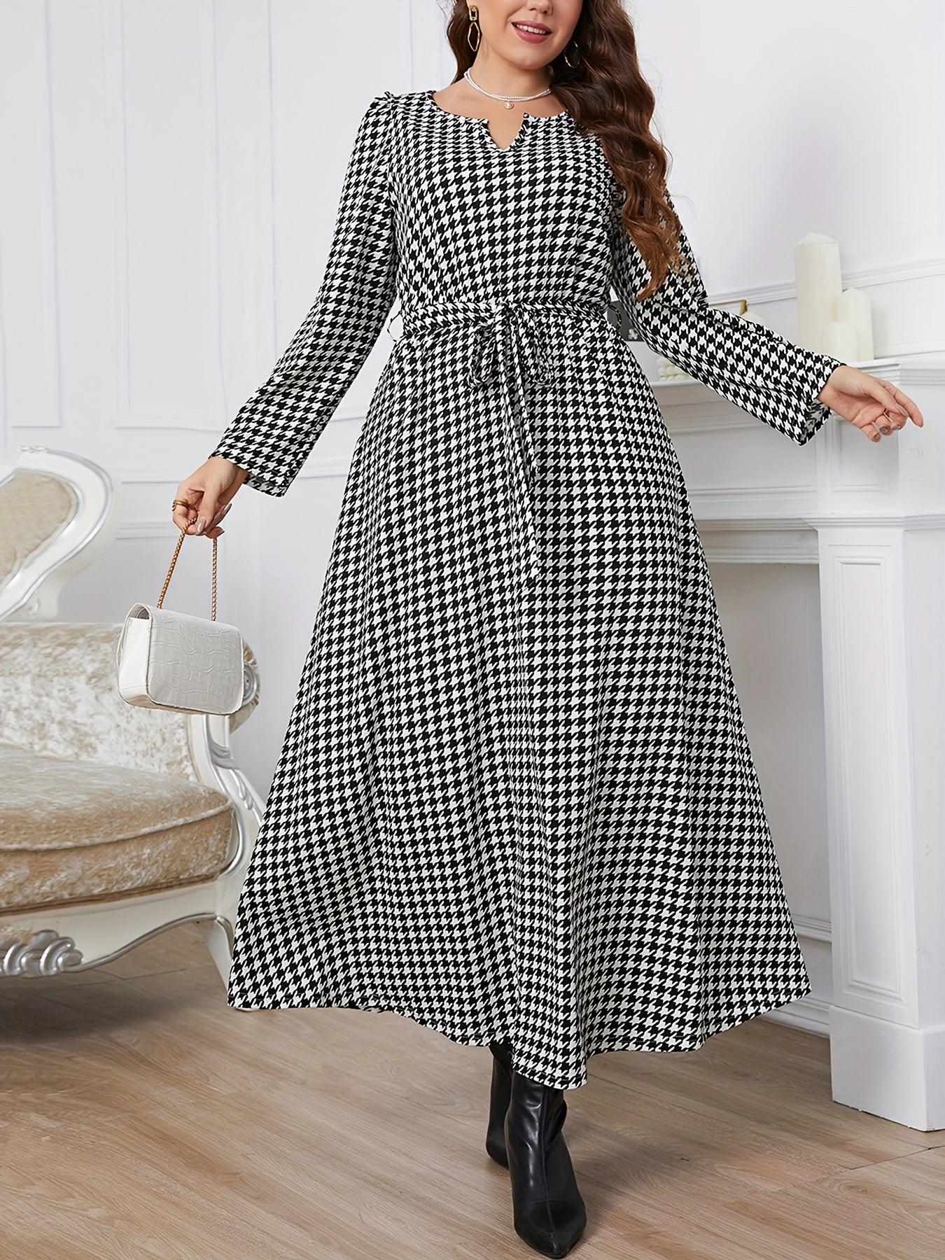 Women's Houndstooth Print Maxi Dress With Belt