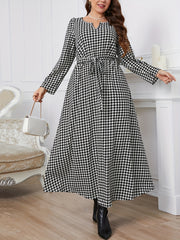Women's Houndstooth Print Maxi Dress With Belt