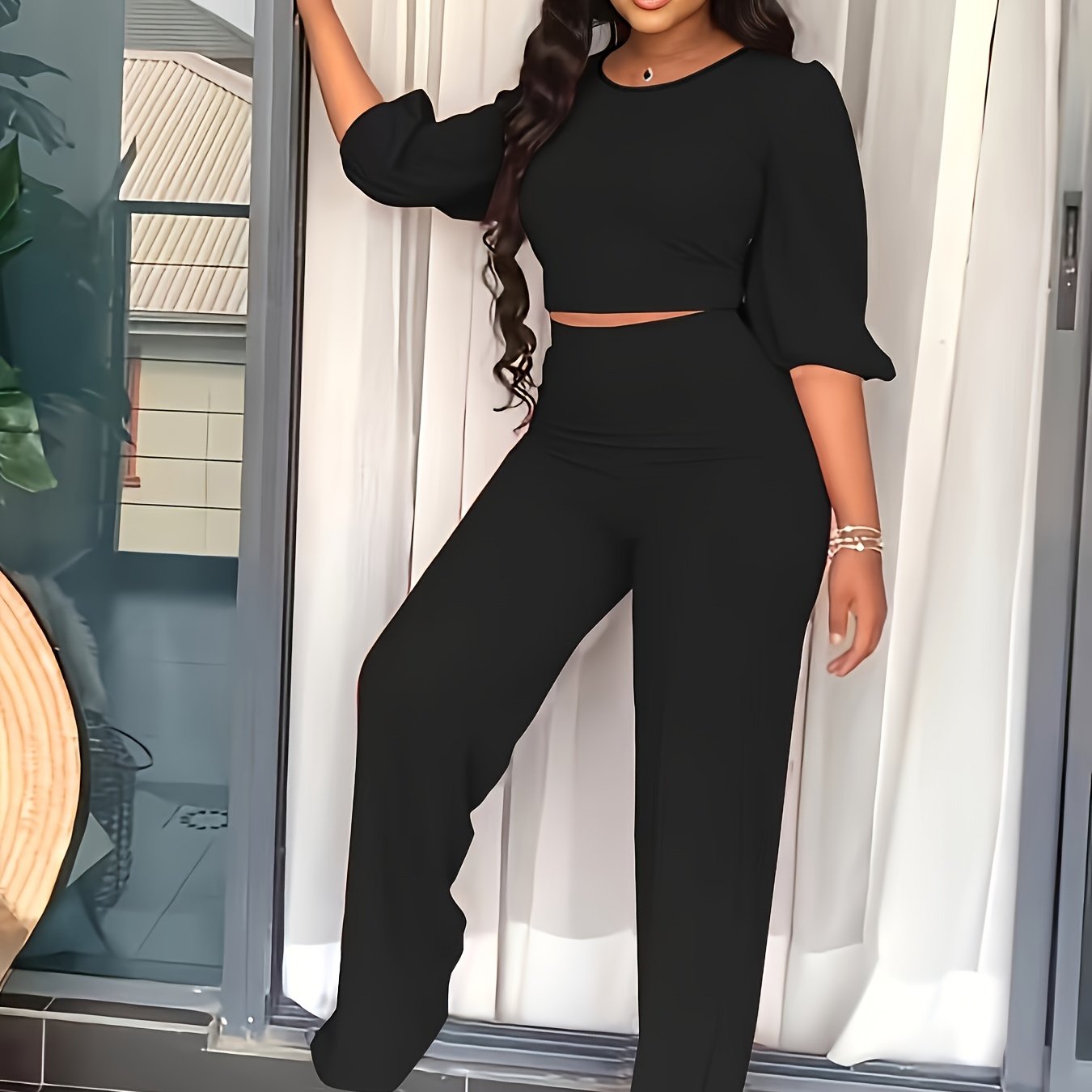 Solid Half Puff Sleeve Crop Top & High Rise Straight Leg Pants Set