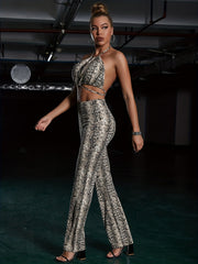 Sexy Print Summer Pantsuits Lace Up Halter Tops & High waisted Pants Set