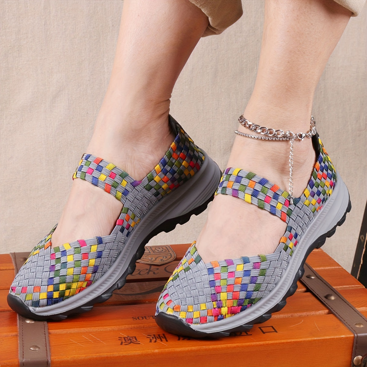 Colorful Braided Walking Shoes Low Top Slip On Casual Outdoor Shoes