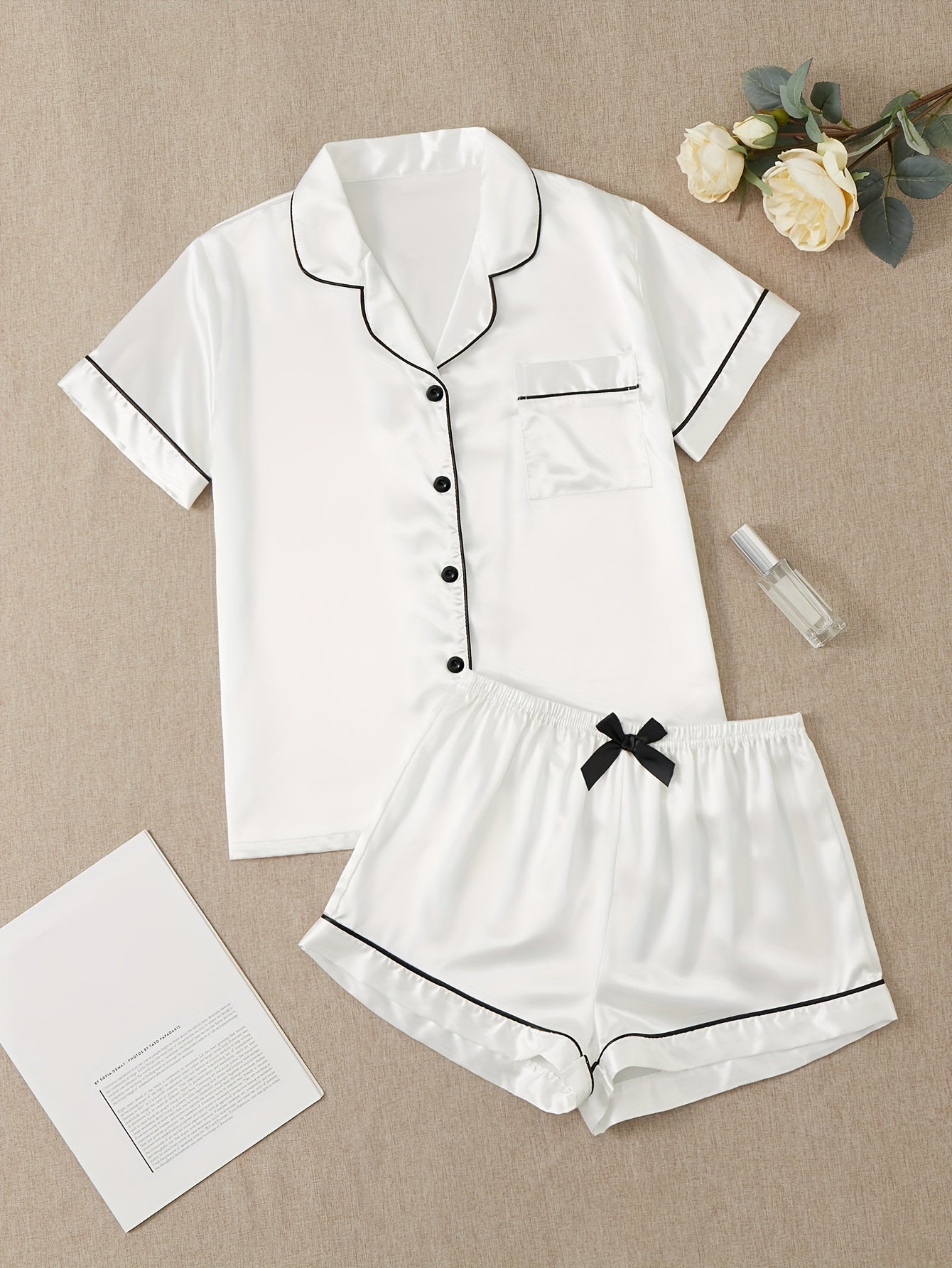 Satin Pajamas Set Short Sleeve Top & Shorts