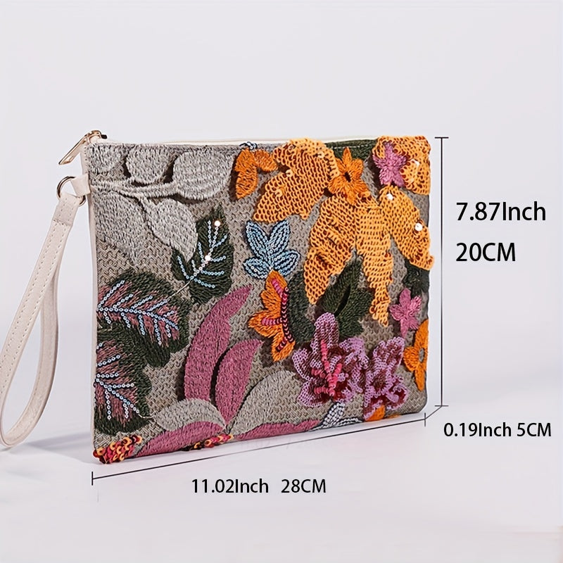 Embroidery Clutch Straw Bag Sequin Flower Handbag Women's Woven Square Purse