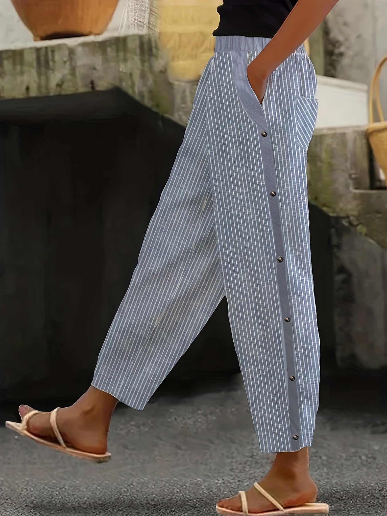 Striped Print Button Elastic Waist Trousers