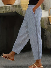 Striped Print Button Elastic Waist Trousers