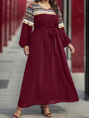 Boho Geometric Print Lantern Sleeve Maxi Dress With Belt