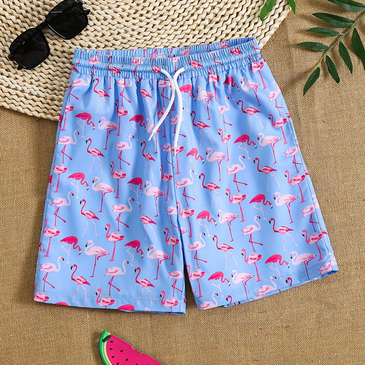 Boys Flamingo Print Swim Trunks Elastic Waist Beach Pants