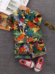 Boys Leaf & Flower Print Outfit Shirt & Shorts Kids Summer Clothes Sets