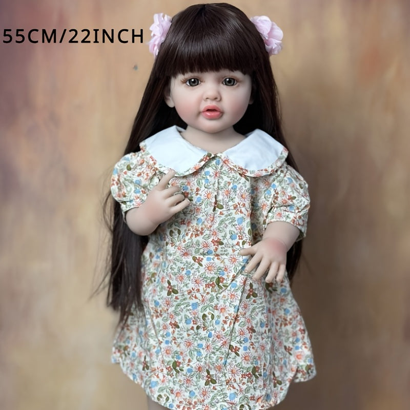 Realistic Silicone Reborn Girl Doll with Floral Dress & Accessories
