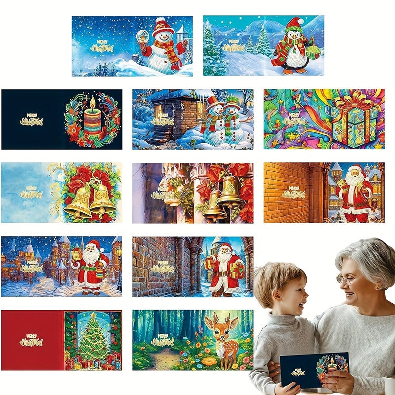 12 Pieces DIY Round Rhinestone Crystal Painting Christmas Card Art Set