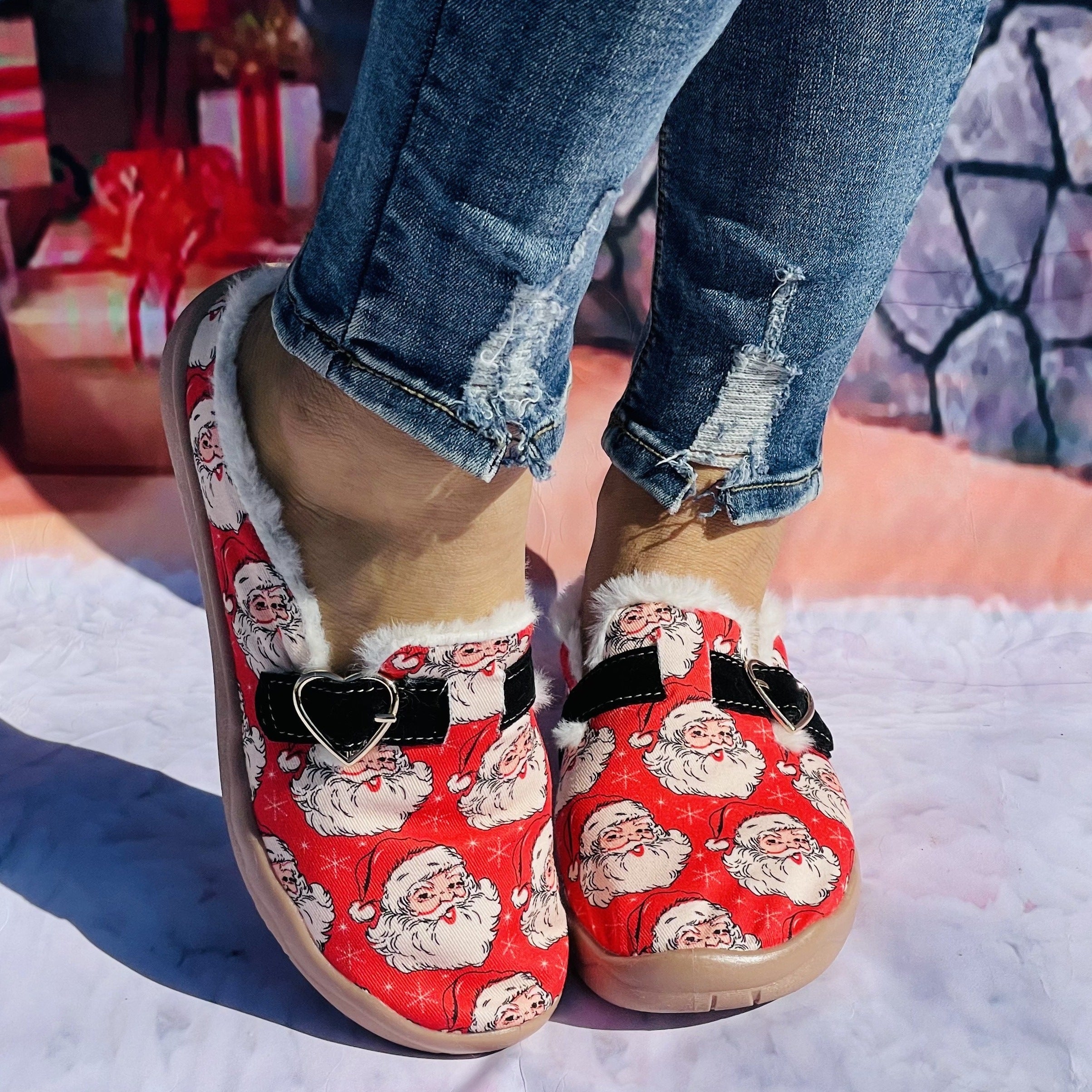 Winter Christmas Santa Claus Furry Slippers - Warm Walking Shoes