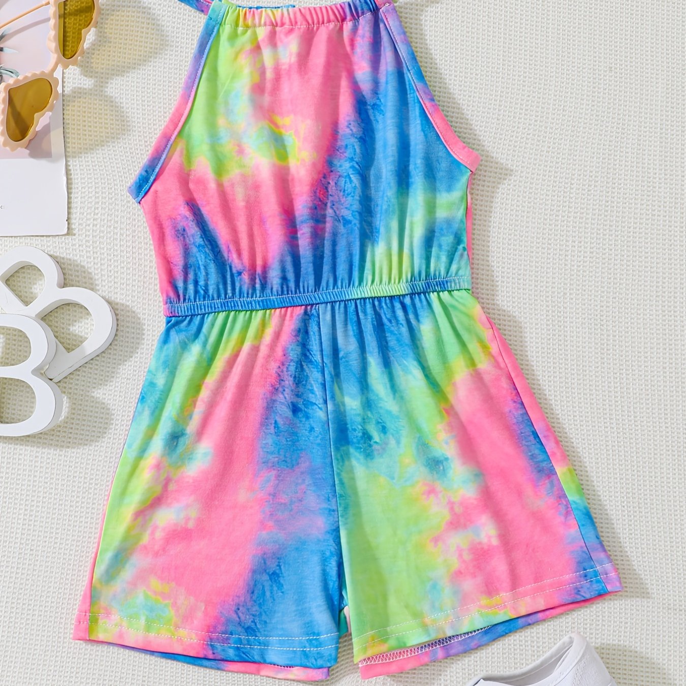 Girls Tie Dye Allover Print Halter Romper Jumpsuit