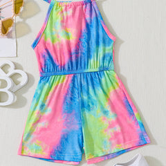 Girls Tie Dye Allover Print Halter Romper Jumpsuit
