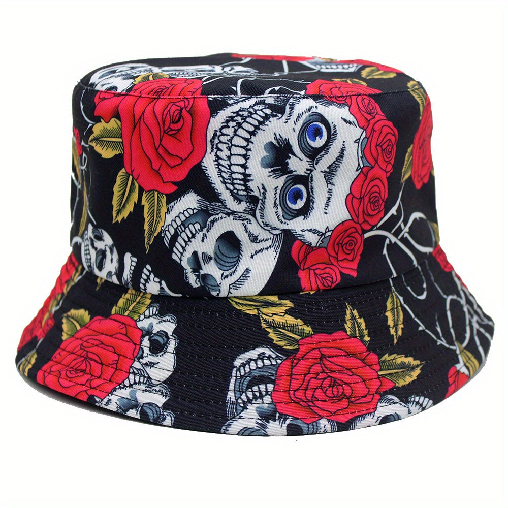 Skull Rose Flower Print Sunshade Bucket Hat for Men Women