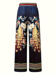 Floral Peacock Print Wide Leg Pants High Rise Retro Trousers