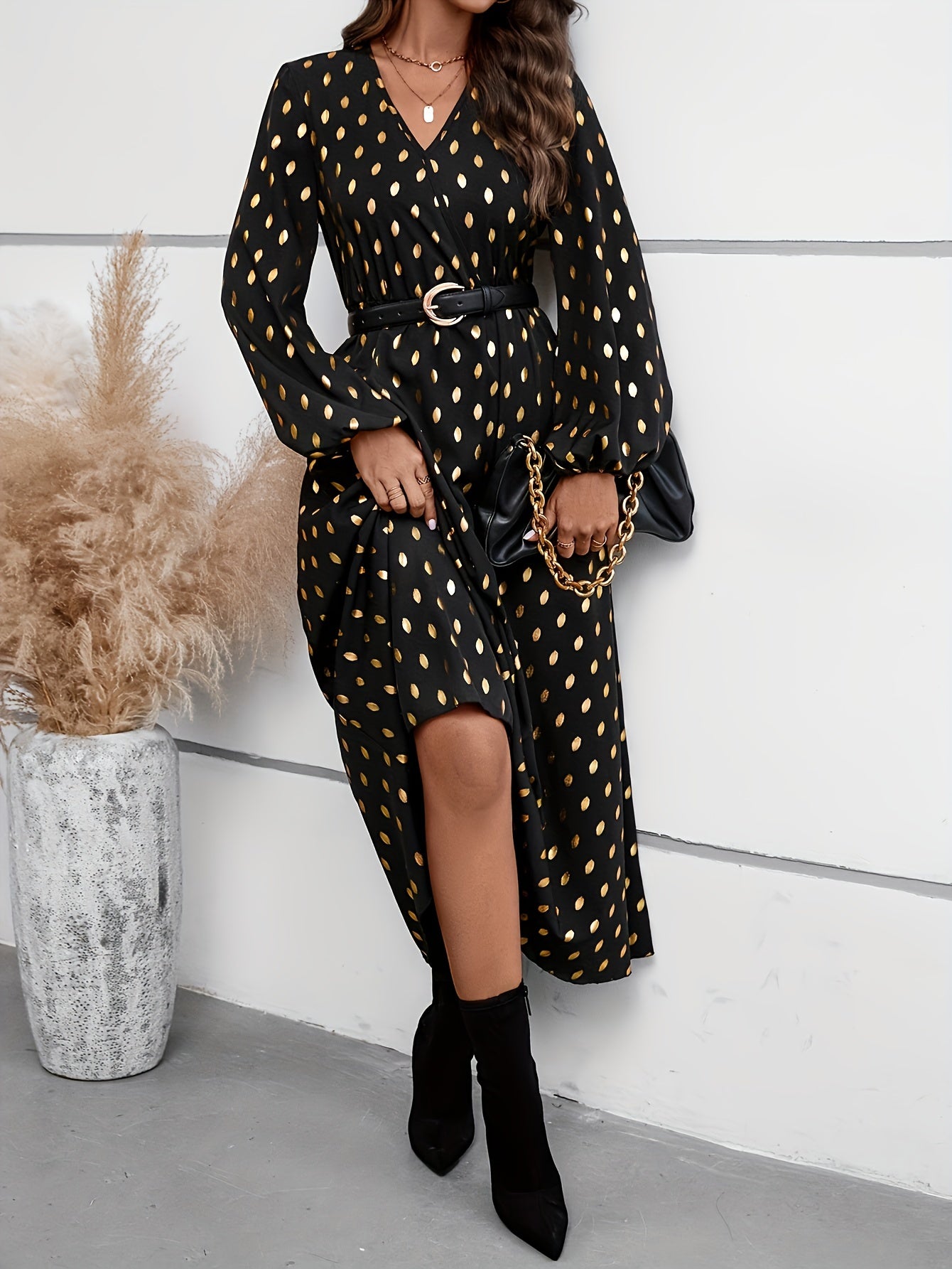 Golden Dot Print Lantern Sleeve V Neck Maxi Dress