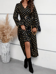Golden Dot Print Lantern Sleeve V Neck Maxi Dress