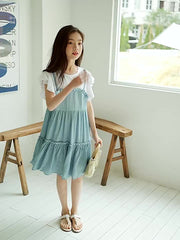 Girl's Cotton Suspenders Skirt Butterfly Sleeves T Shirt Pleated Skirt