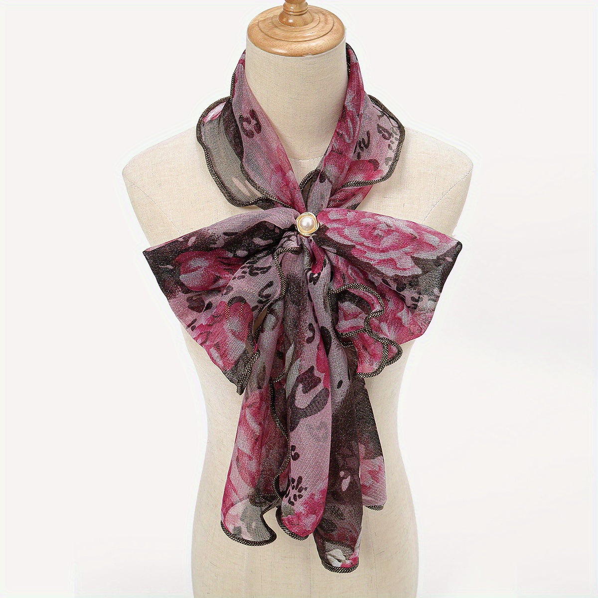 Vintage Print Scarf Bow Neck Wrap Faux Pearl Pendant
