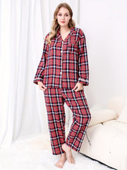 Women's Plus Plaid Pajamas Set Long Sleeve Button Shirt & Pants Loungewear