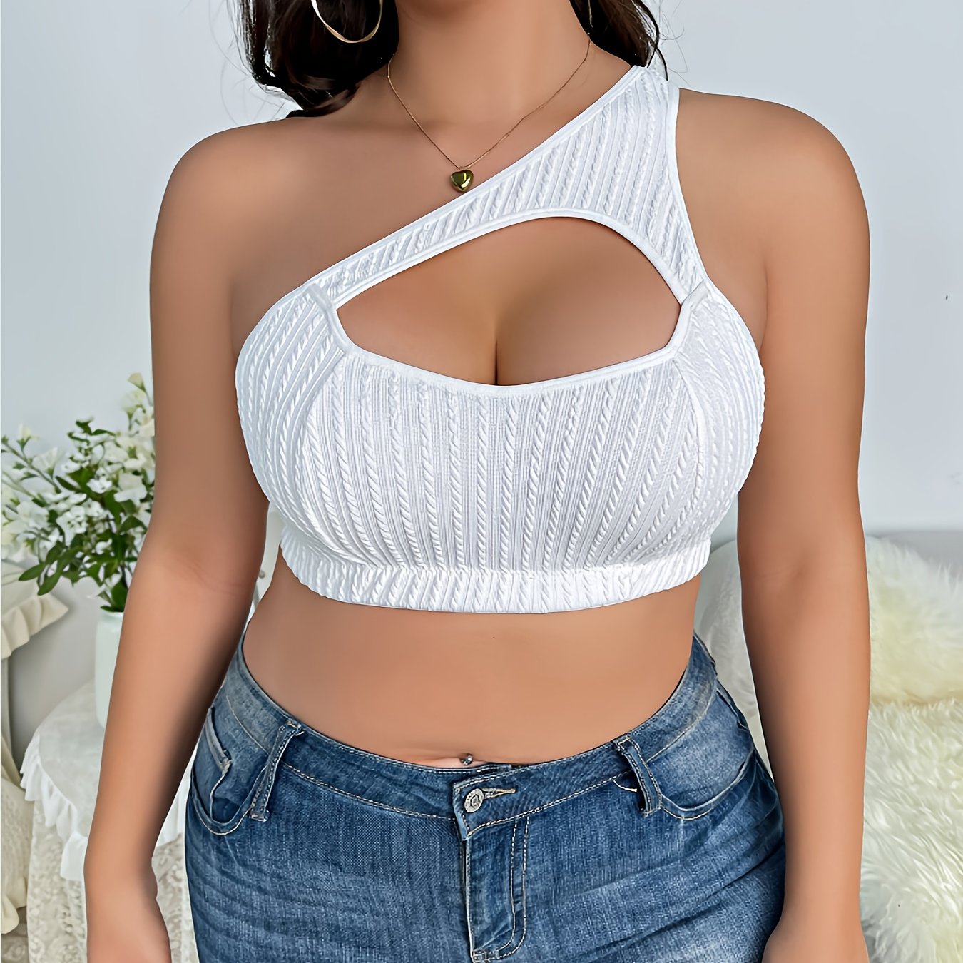 Sexy Bra Women's Solid Cable Knit One Shoulder Bralette