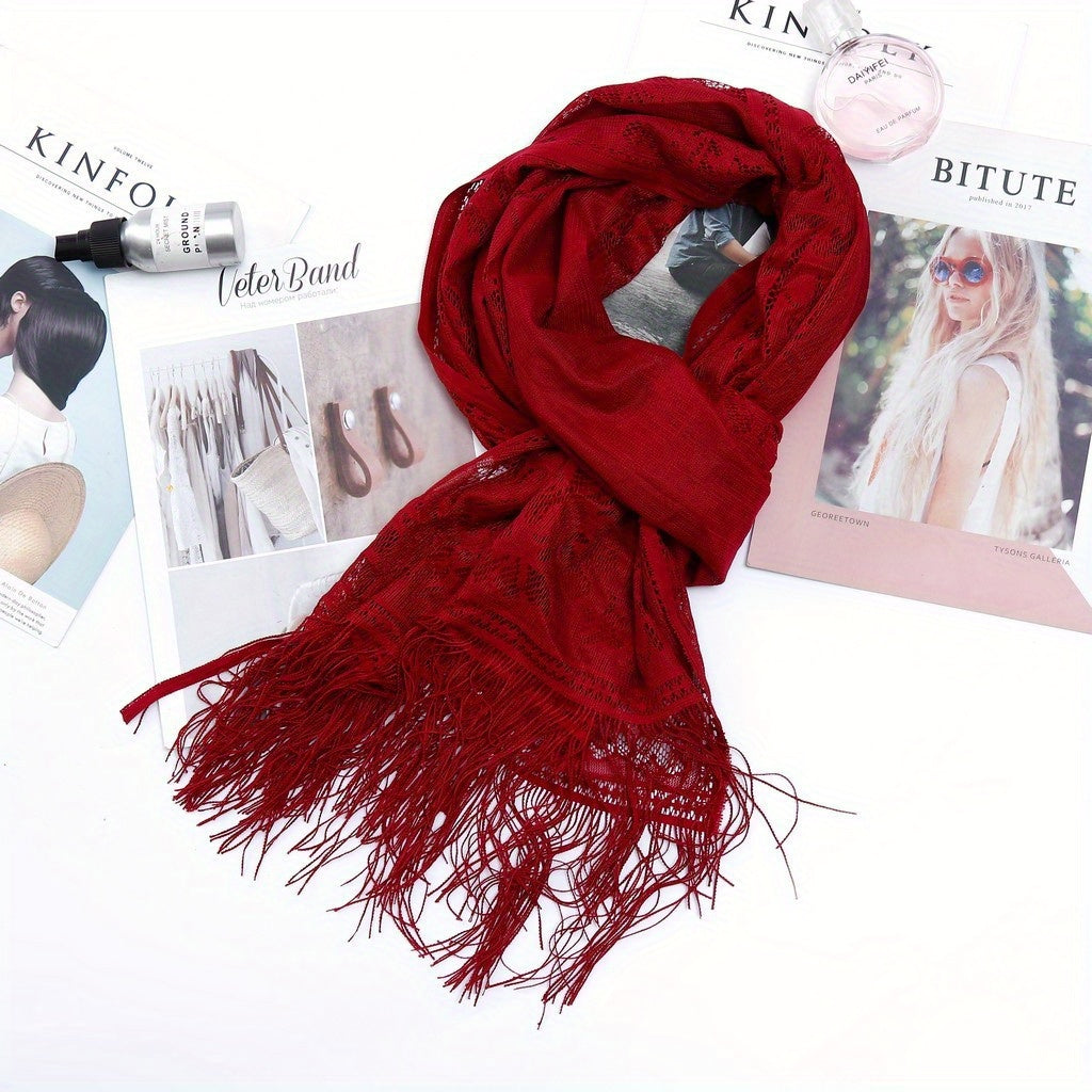 Lace Tassel Hollow Out Scarf Solid Hijab Shawl Classic Head Wraps