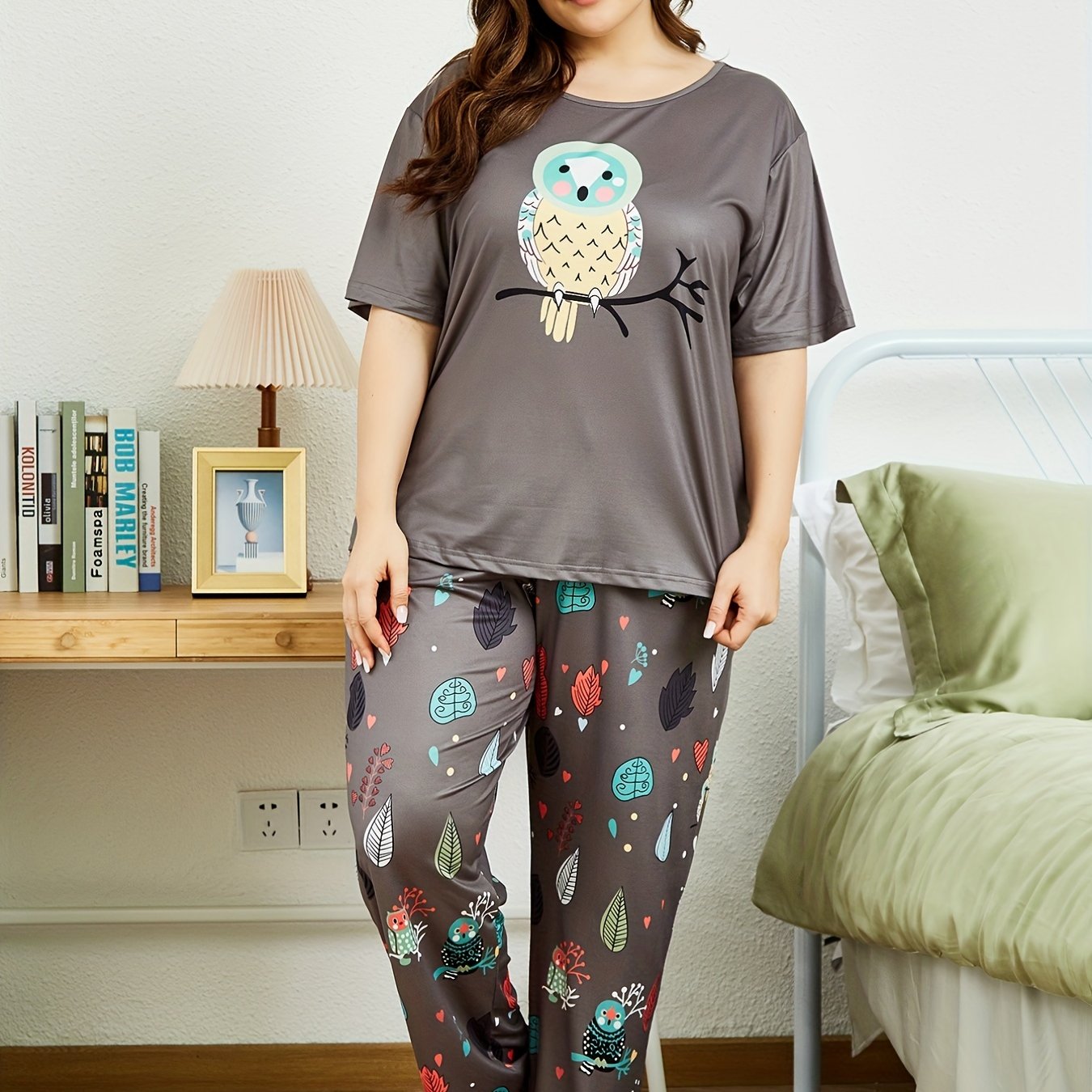 Owl Print Short Sleeve Top & Leaf Pants Pajama Set