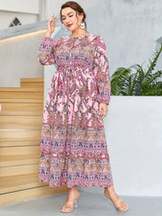 Boho Abaya Dress Plus Paisley Print Tie Neck Maxi Dress