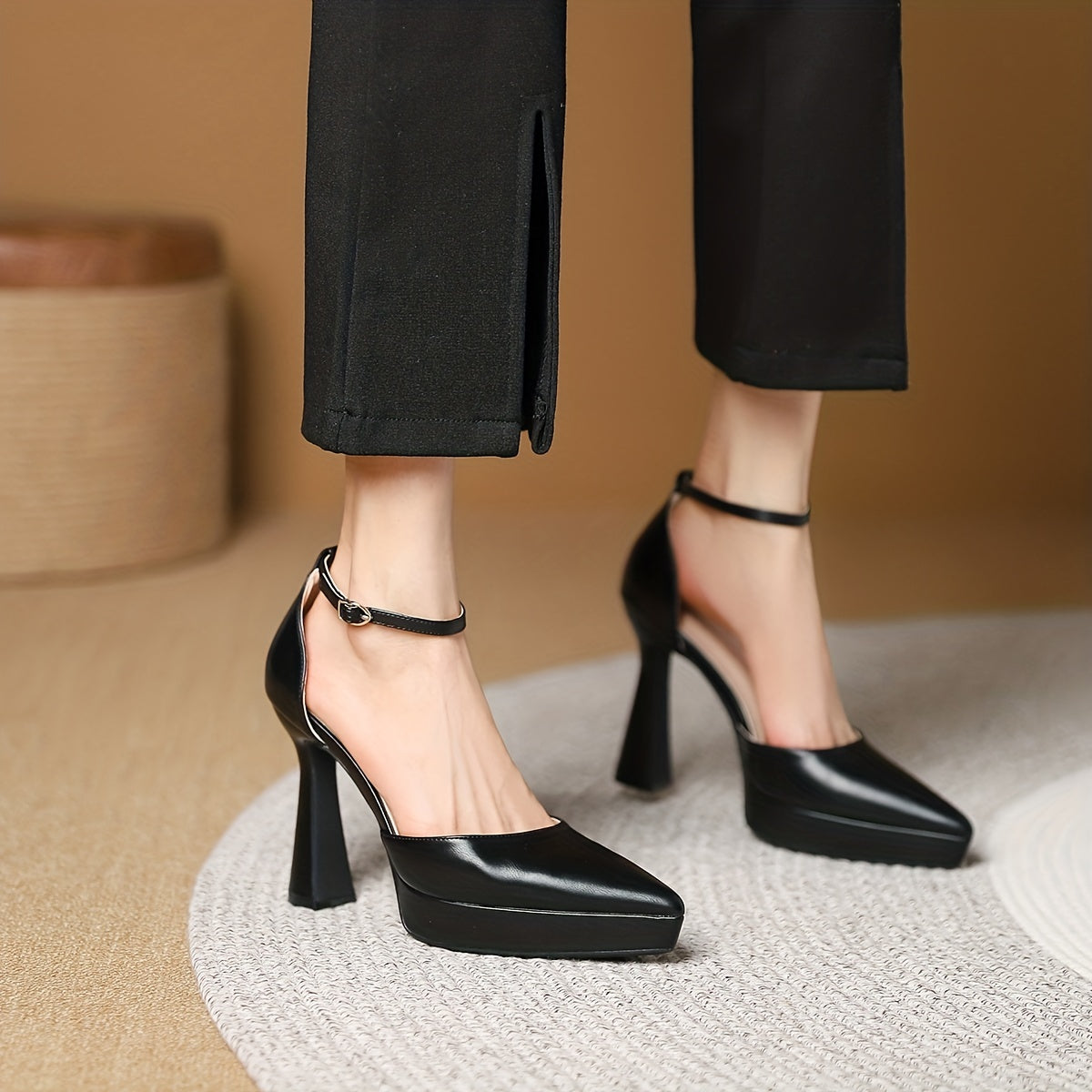 Solid Block Heels Point Toe Dress Pumps with Buckle Strap