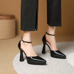 Solid Block Heels Point Toe Dress Pumps with Buckle Strap