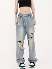 Distressed Straight Jeans Loose Fit Washed Denim Pants