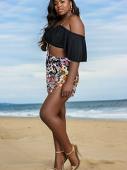 Cold Shoulder Bikini Set with Ruffle Trim & Cover Up Skirt