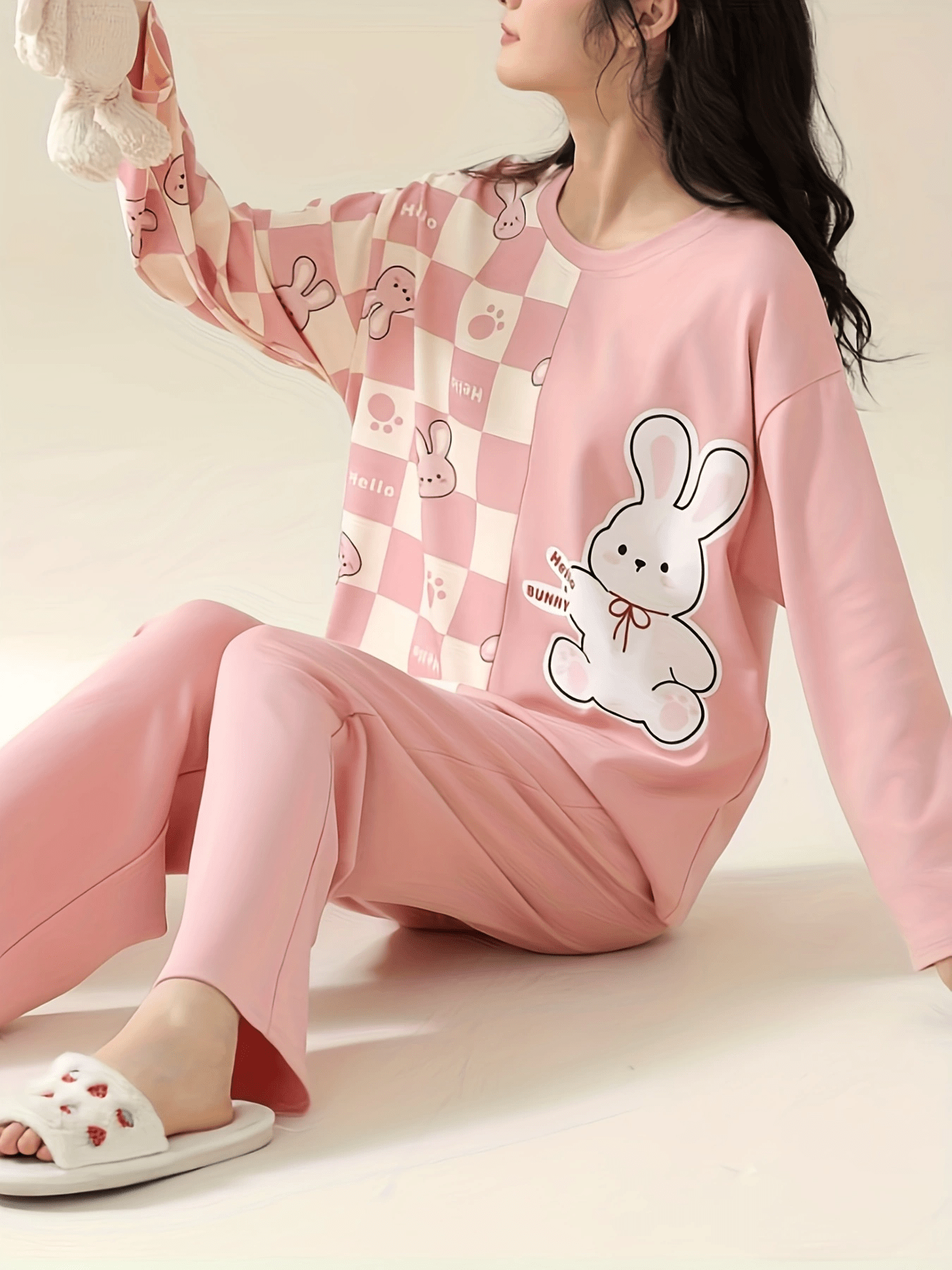 Bunny Print Pajama Set Long Sleeve Top & Pants Women's Sleepwear