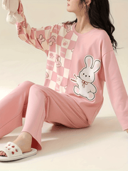 Bunny Print Pajama Set Long Sleeve Top & Pants Women's Sleepwear